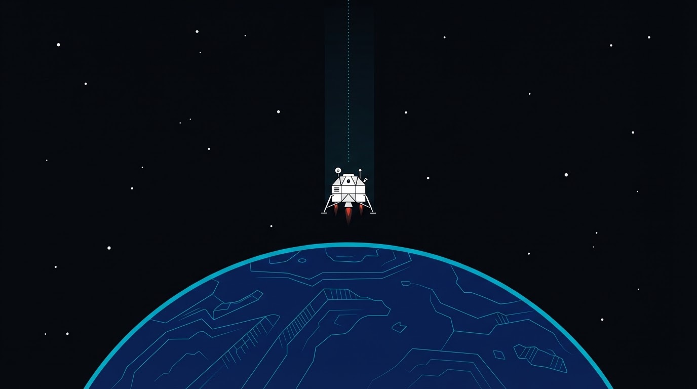 Lander module descending on a dotted path toward a crescent planet arc