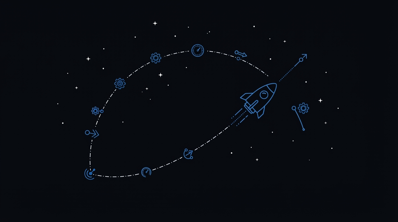 Cartoonish spacecraft in blue line-art travelling along a dotted trajectory arc
