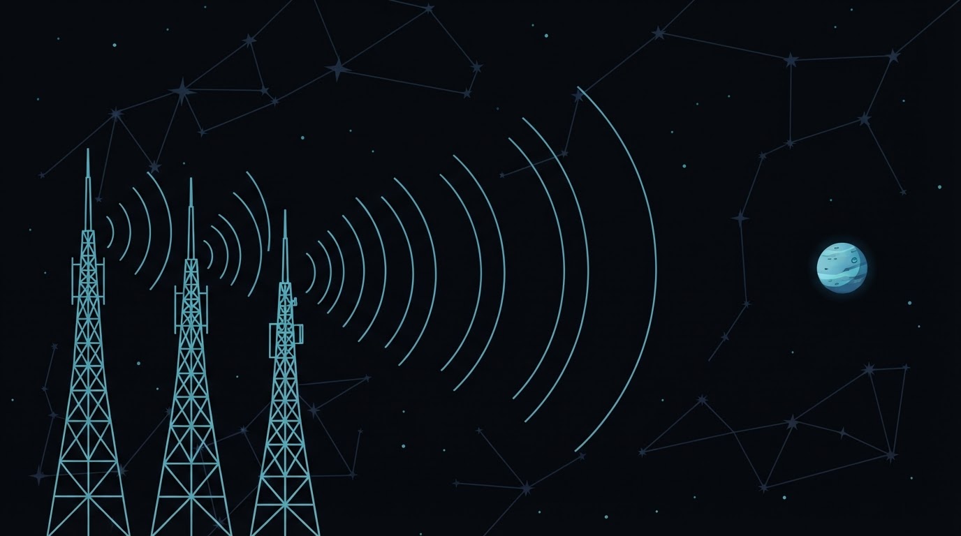 Three relay towers in cyan line-art broadcasting signal arcs toward a distant planet