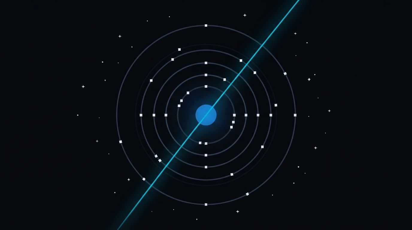 Concentric orbital rings around a solid blue sphere with small nodes riding the orbits