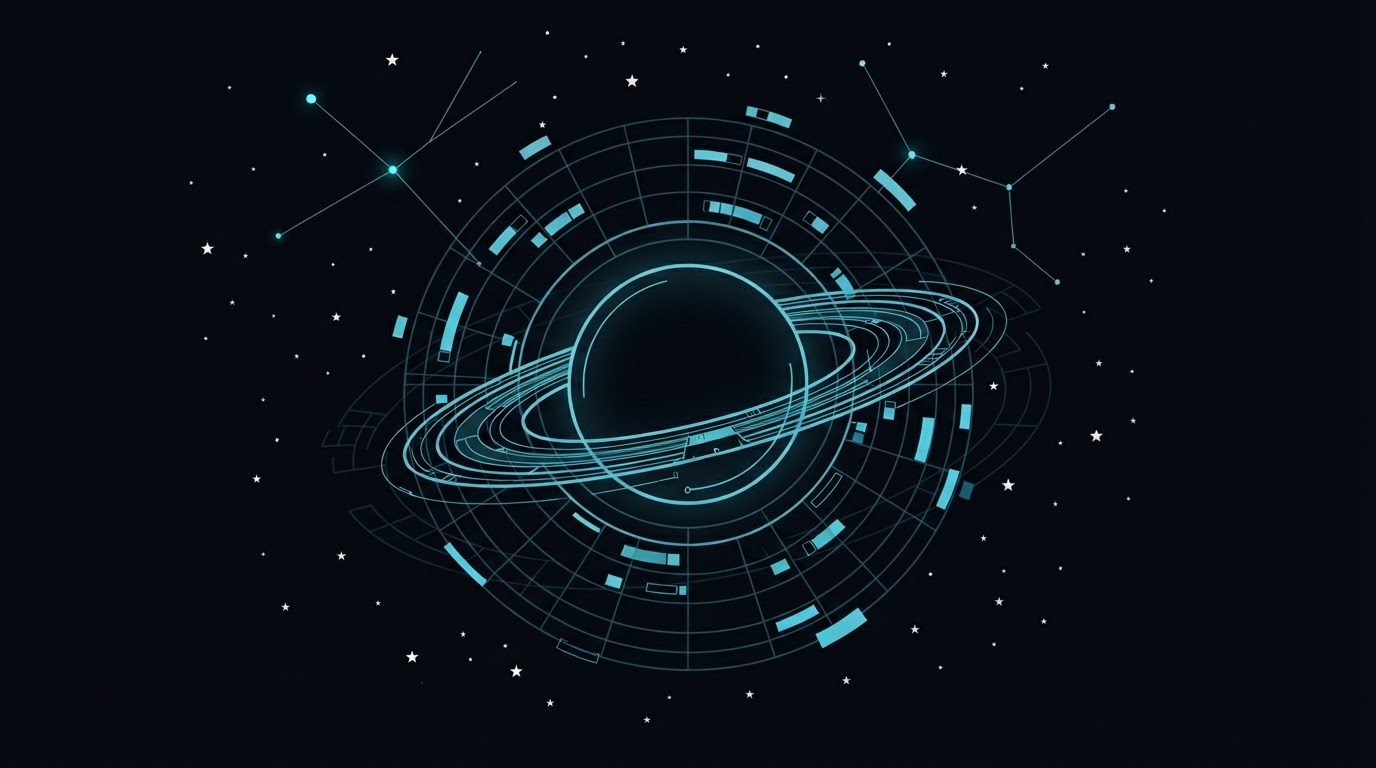 Ringed planet in cyan line-art with data bars in orbit around it