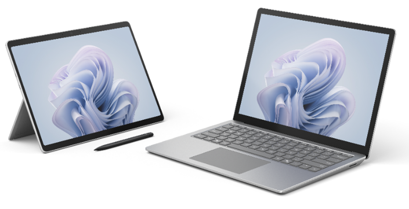 Un dispositivo Microsoft Surface Pro 10 junto a un Microsoft Surface Laptop 6